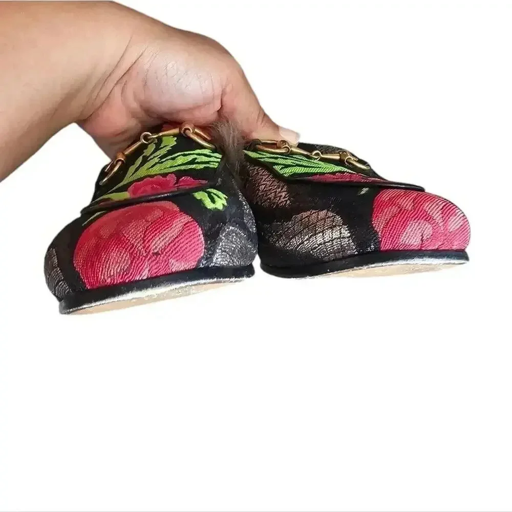 GUCCI Black Floral Brocade Jacquard FUR Princetown Slippers‎ Loafers Size 5.5 - Picture 3 of 13